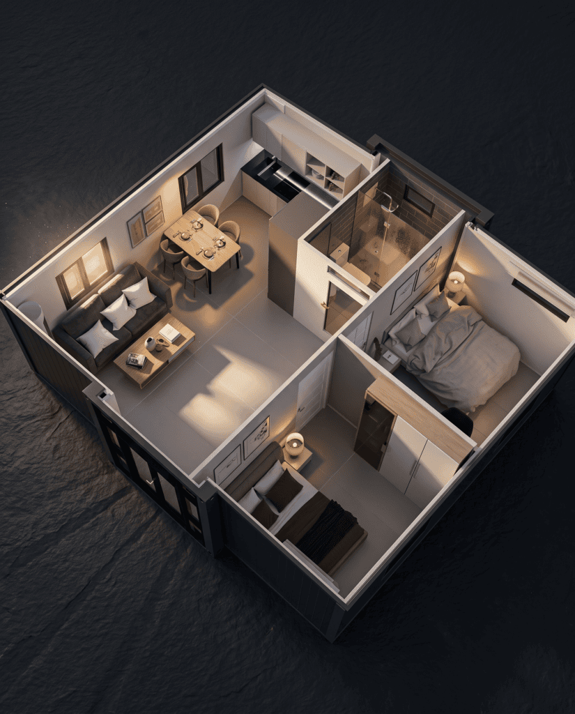 Open accessible ADU floor plan with wide clearances in the bedroom and bathroom
