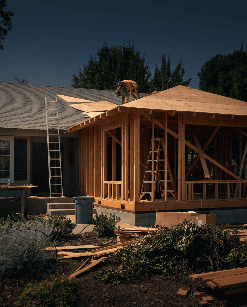 Traditional stick-built wood framing on a construction site