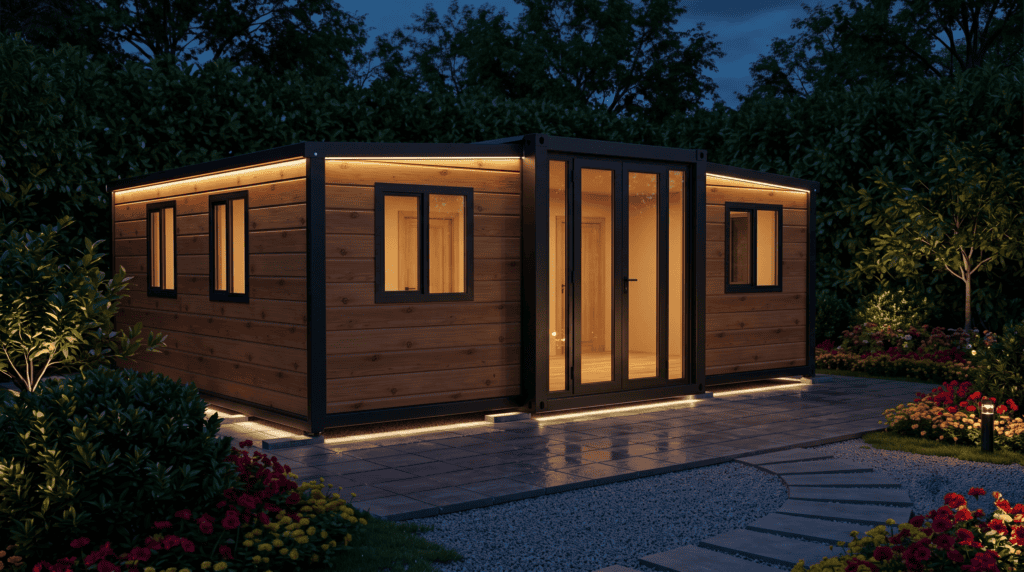 Expandable tiny home with fold-out side sections opened