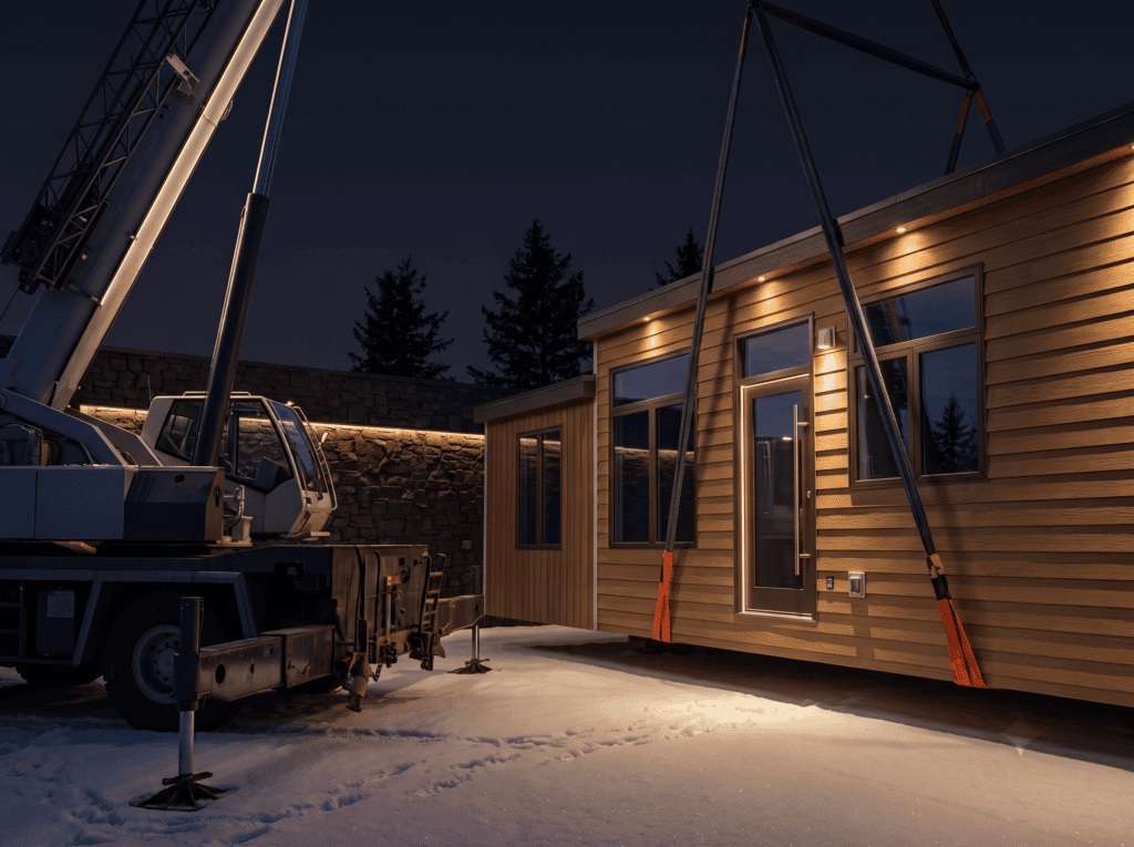 Prefab ADUs in California: The Complete Guide for Homeowners 2 Prefab ADU module being set on a prepared foundation in California