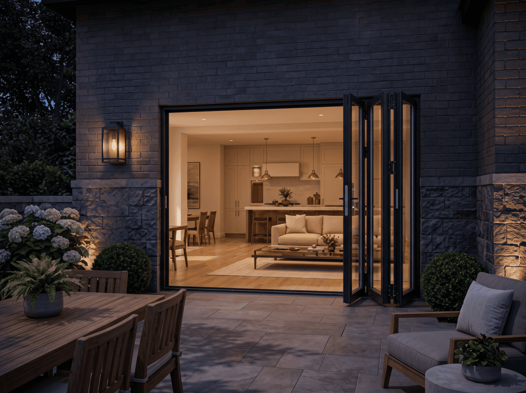 Level, wide glass doorway opening onto a patio, suited to an ADA-compliant ADU