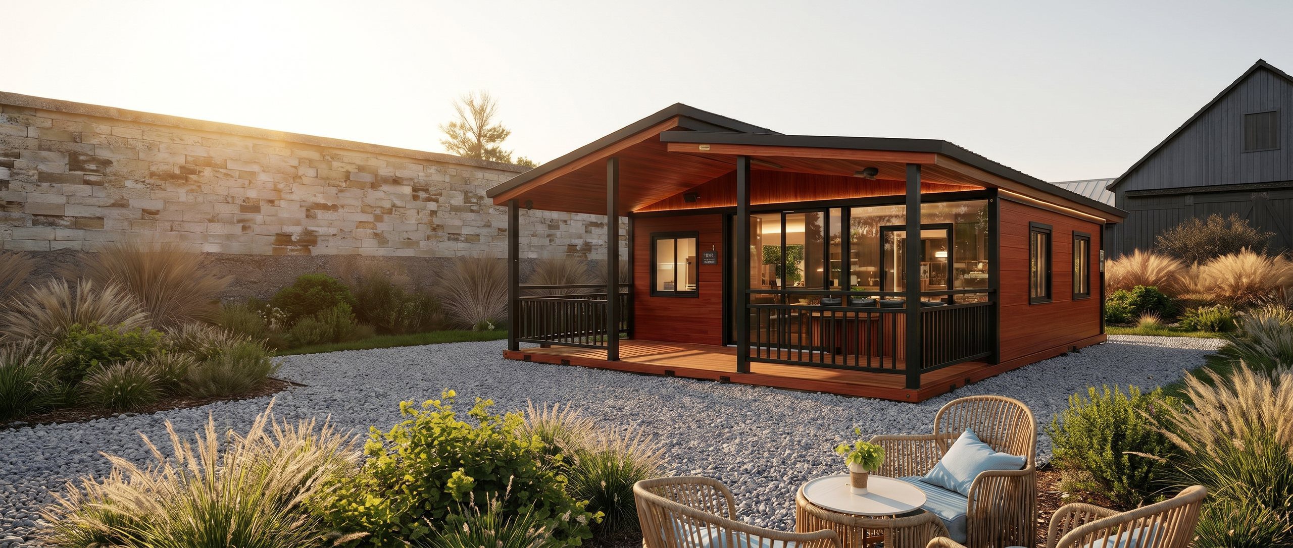 A Struxa expandable tiny home with a covered porch