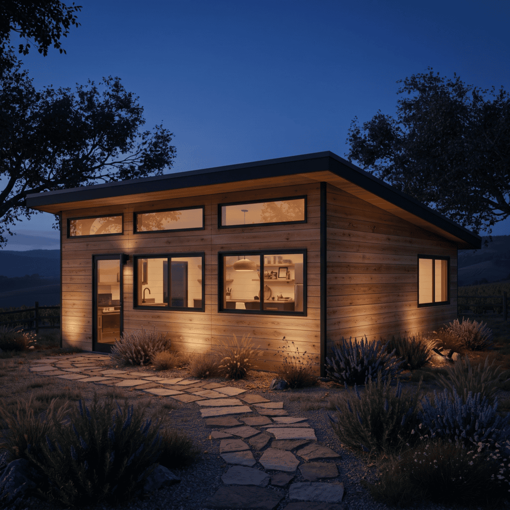 Finished backyard ADU in California lit up at dusk