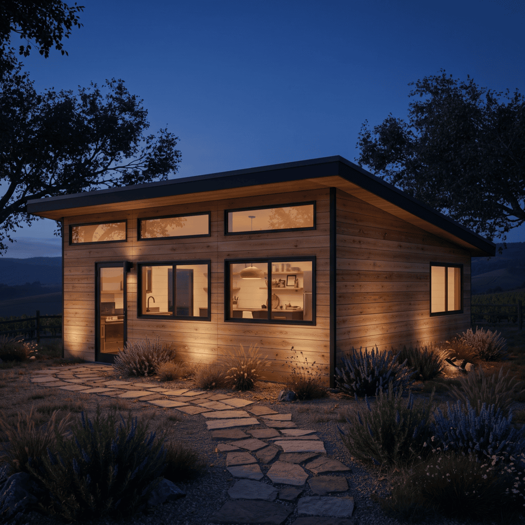 How Long Does It Take to Build an ADU in California? A Realistic Timeline 1 Finished backyard ADU in California lit up at dusk
