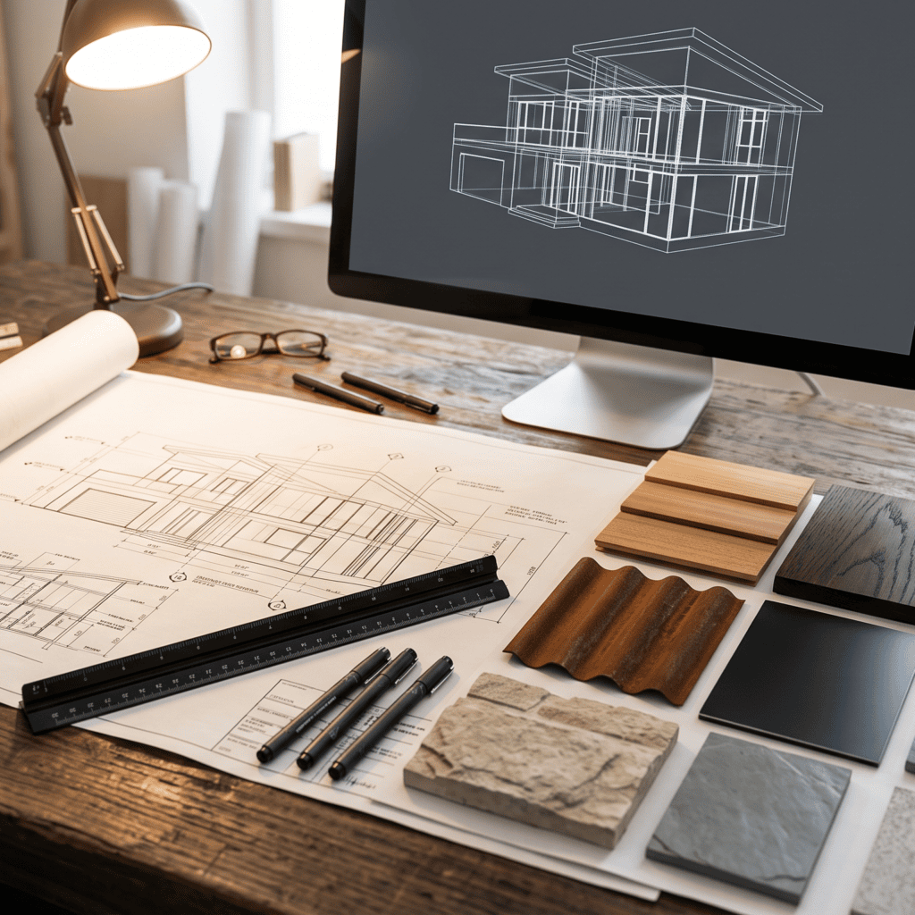 Permit drawings and material samples for a California ADU