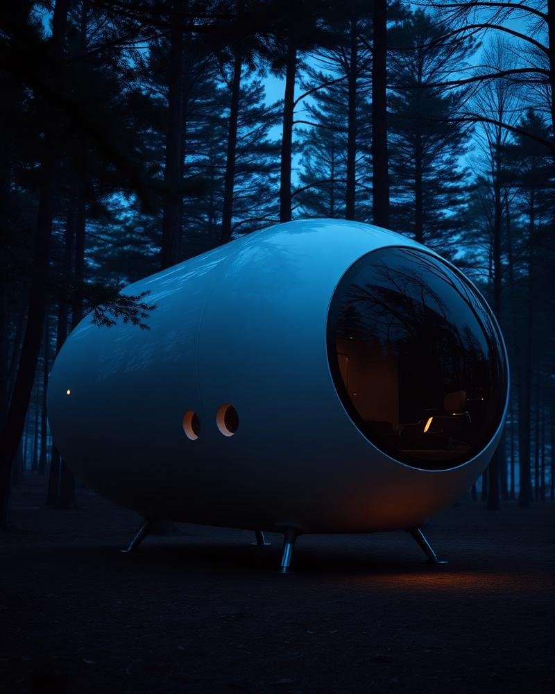 Futuristic capsule home with curved shell and panoramic window