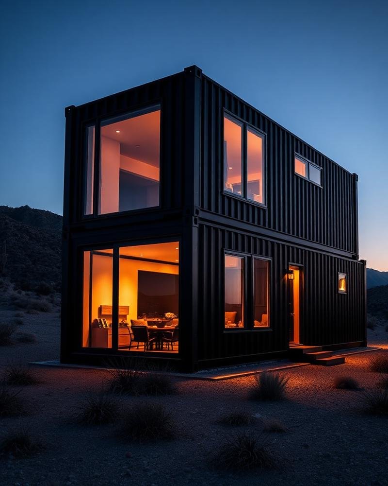 Luxury shipping container home with large glass windows