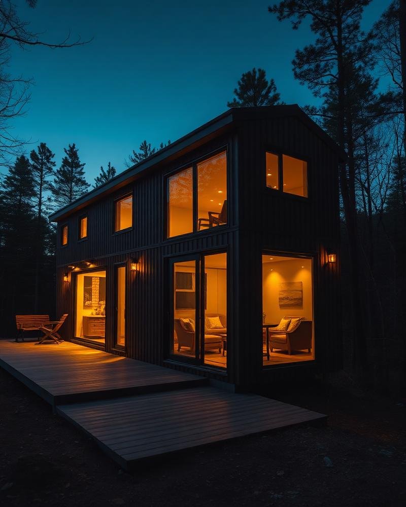 Modern prefab home with large windows at dusk