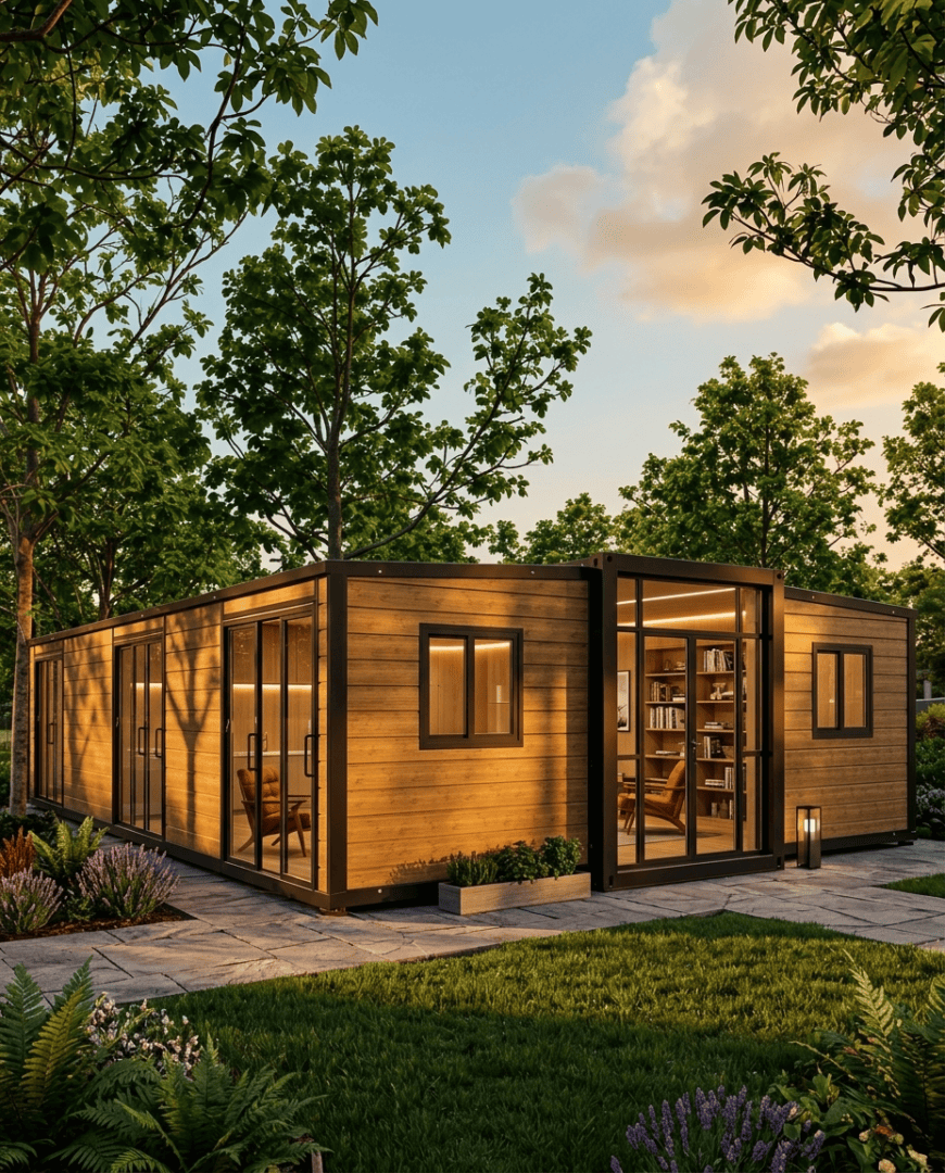 A wood-clad expandable tiny home among trees